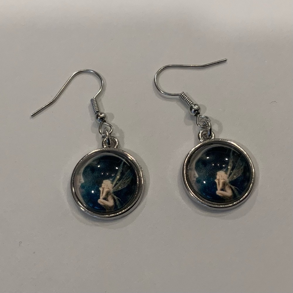 Celestial Fairy and Moon Earrings Faerie looking at the moon Pierced Dangle